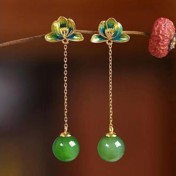 Jasper Lotus Heart Earrings for Women | Handcrafted Chinese Style Jade Bead Studs with Zen Aesthetic